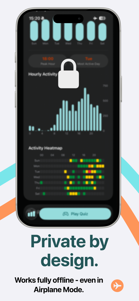 Chalytics: Chat Analyzer - A smartphone screen displaying a lock icon over blurred data charts with the text Private by design, highlighting the app's offline capabilities.