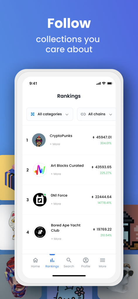 OpenSea mobile app interface showing a ranked list of top NFT collections including CryptoPunks and Bored Ape Yacht Club