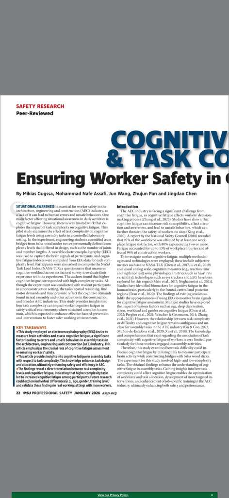 A peer-reviewed research article about worker safety and cognitive fatigue within the ASSP Professional Safety app.