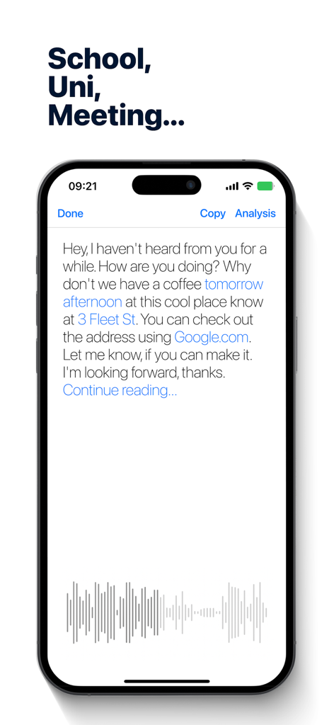 Pantalla de la aplicación Textify mostrando un mensaje de voz transcrito a texto con enlaces inteligentes resaltados para fechas y ubicaciones.