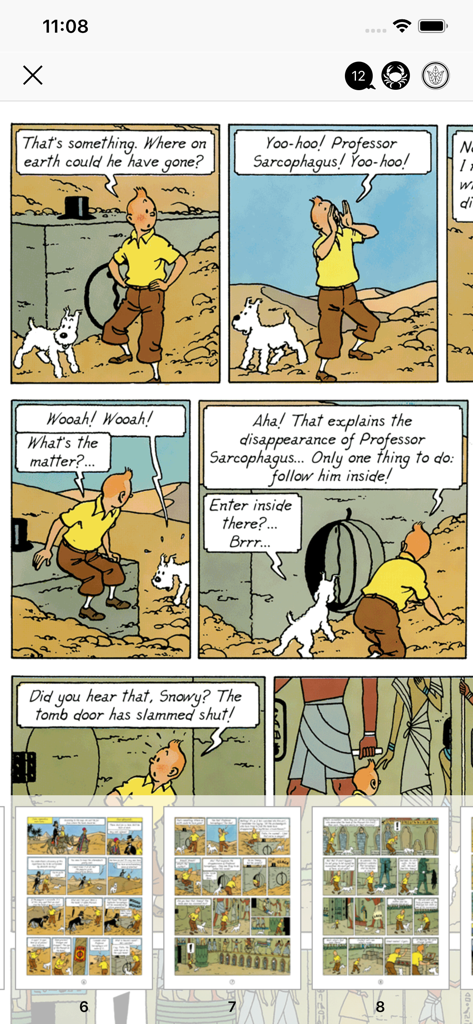 The Adventures of Tintin - A digital comic page from The Adventures of Tintin app featuring Tintin and Snowy with navigation thumbnails.