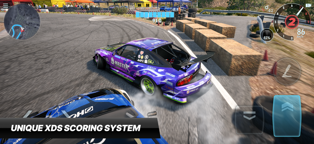 CarX Drift Racing 3 - A purple customized drift car performing a tandem slide on a race track with the unique XDS scoring system interface