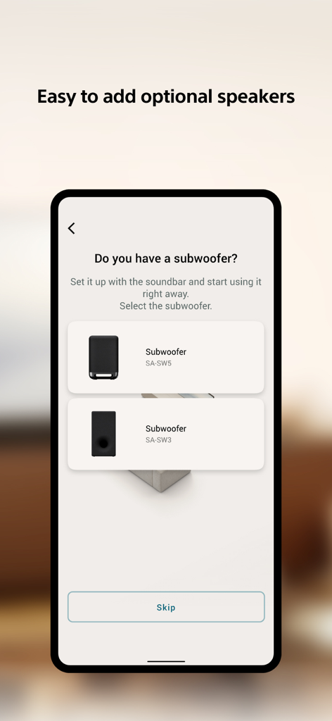 Sony | BRAVIA Connect - Sony BRAVIA Connect app screen for subwoofer setup showing SA-SW5 and SA-SW3 options.