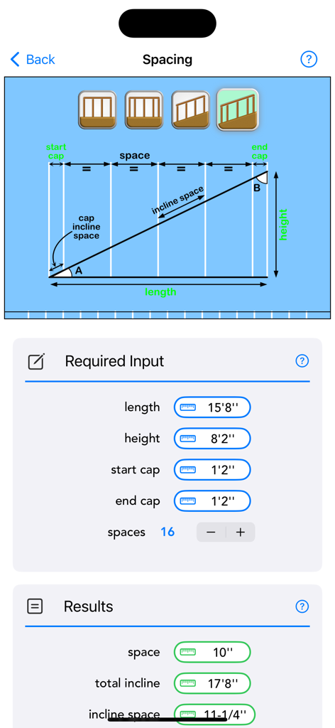 Construction Calc - Construction Calc app interface showing the spacing calculator feature for railings and balusters with feet and inch measurements