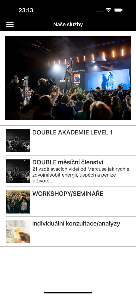 Double academy - Screenshot of the Double Academy app services page listing educational levels memberships workshops and individual consulting for financial growth.
