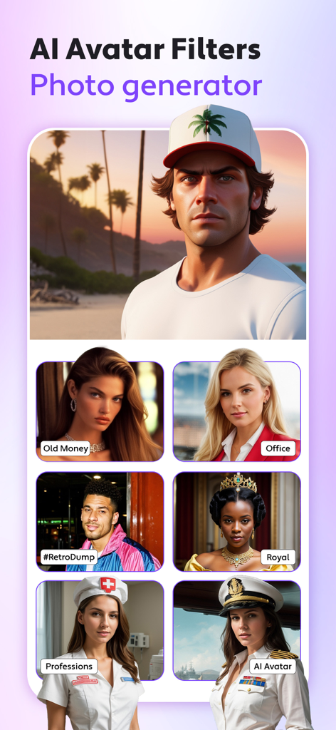 Cosmo: AI Editor, Hair Filters - Exhibición de diversos avatares generados por IA y filtros de fotos que incluyen estilos de oficina, real y retro.