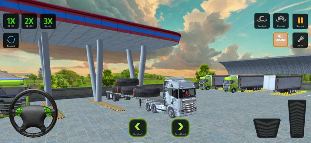 European Truck Driving Game - A white truck transporting large tires in a logistics hub with on-screen driving controls.
