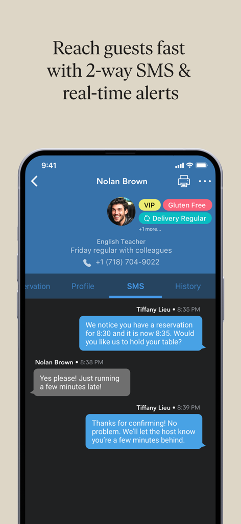 SevenRooms OS app interface showing two way SMS messaging between restaurant staff and a VIP guest regarding reservation status