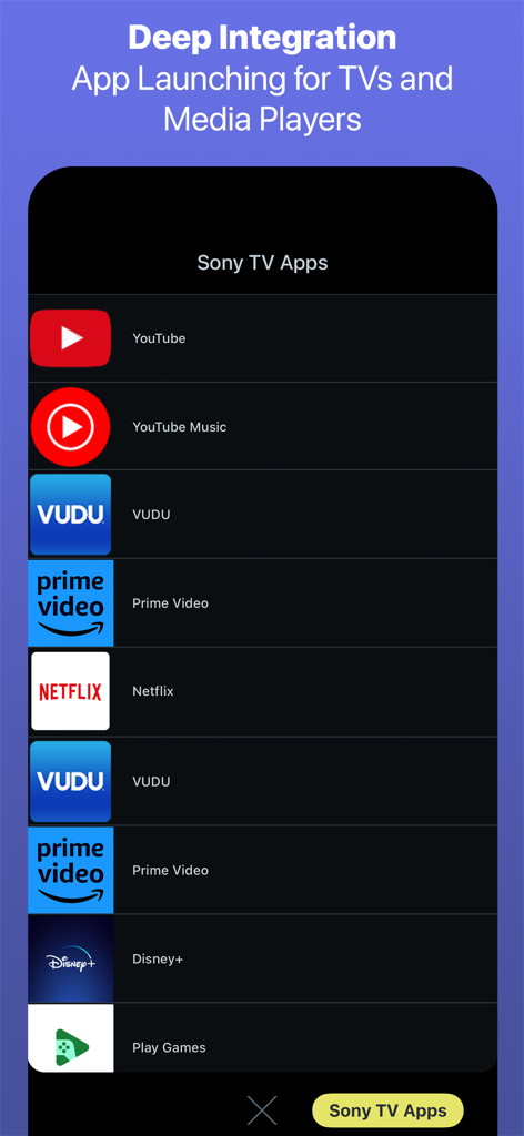 Roomie Remote app showing deep integration with Sony TV apps including YouTube Netflix and Prime Video for direct launching
