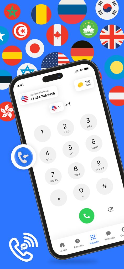 Interface do teclado de discagem de aplicativo móvel para um segundo número de telefone com fundo de bandeiras internacionais