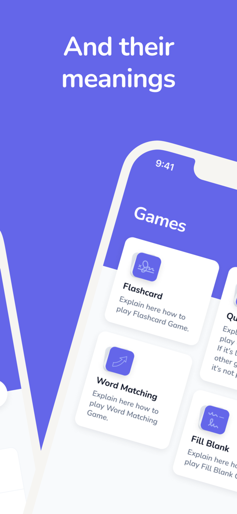 Psychology Dictionary - Menú de juegos de la aplicación Diccionario de Psicología con modos de estudio como Tarjetas de Memoria, Asociación de Palabras y Rellenar Huecos