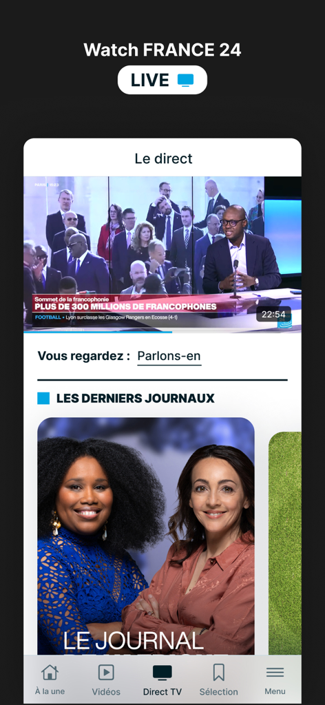 France 24 - World News 24/7 - Capture d'écran de l'application France 24 présentant un flux d'actualités en direct et des reportages vidéo
