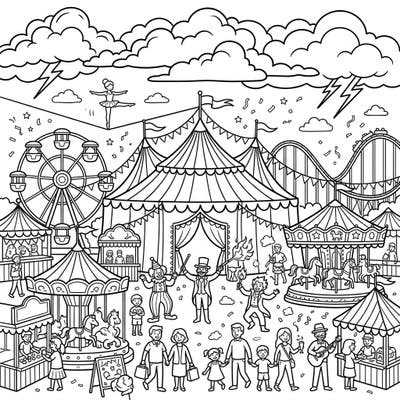 Dive into the exhilarating atmosphere of a grand carnival, where classic rides and lively performers create a scene of joyful chaos. Imagine the vibrant colors you'll use to bring this lively fairground to life, all beneath a unique sky hinting at soft, distant thunder.