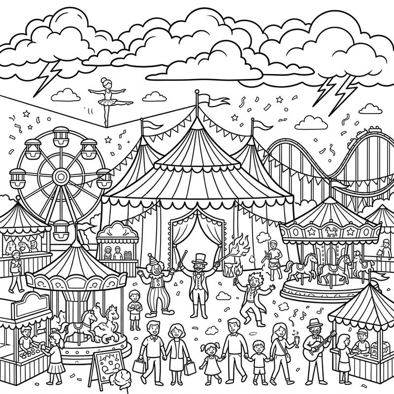 Dive into the exhilarating atmosphere of a grand carnival, where classic rides and lively performers create a scene of joyful chaos. Imagine the vibrant colors you'll use to bring this lively fairground to life, all beneath a unique sky hinting at soft, distant thunder.