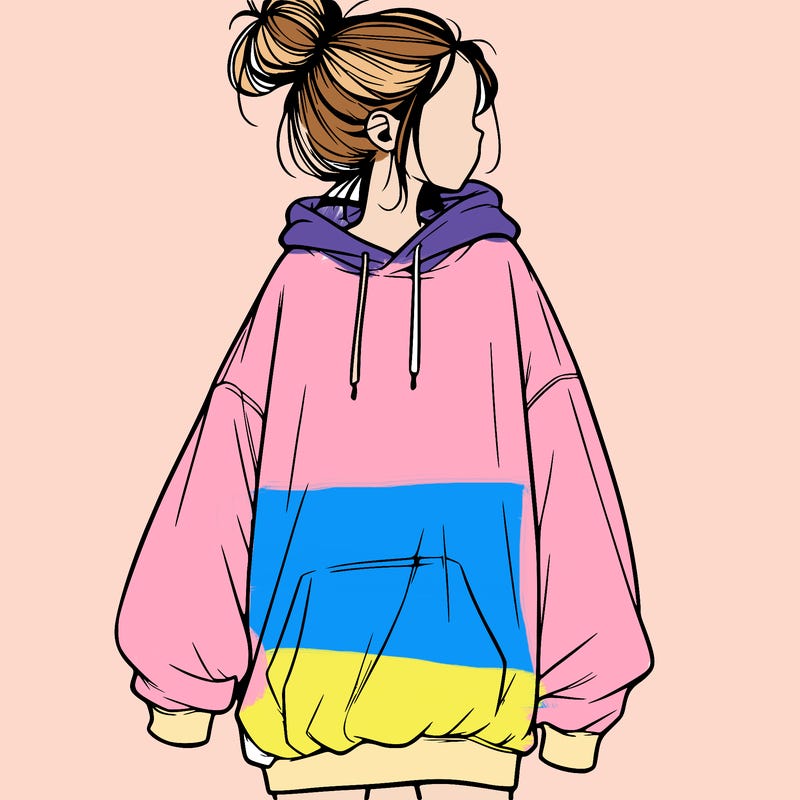 realistic girl with a oversized sweatshirt on and a bun