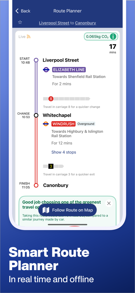 Tube Map Pro - Tube Map Pro app interface showing the smart route planner with real time and offline directions for London transport