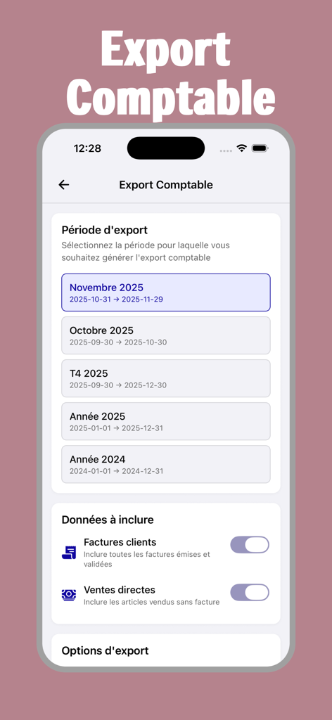 Interface of the Vinto app showing options to export accounting data by date range and transaction type