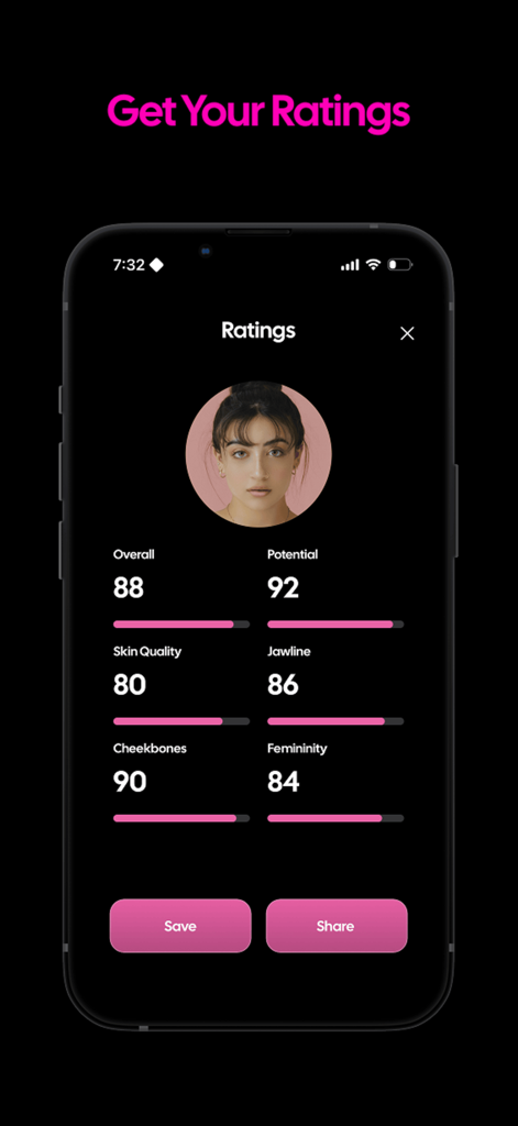 Gleam AI - Glow Up App - Interfaccia dell'app Gleam AI che mostra valutazioni di bellezza personalizzate e punteggi di analisi del viso