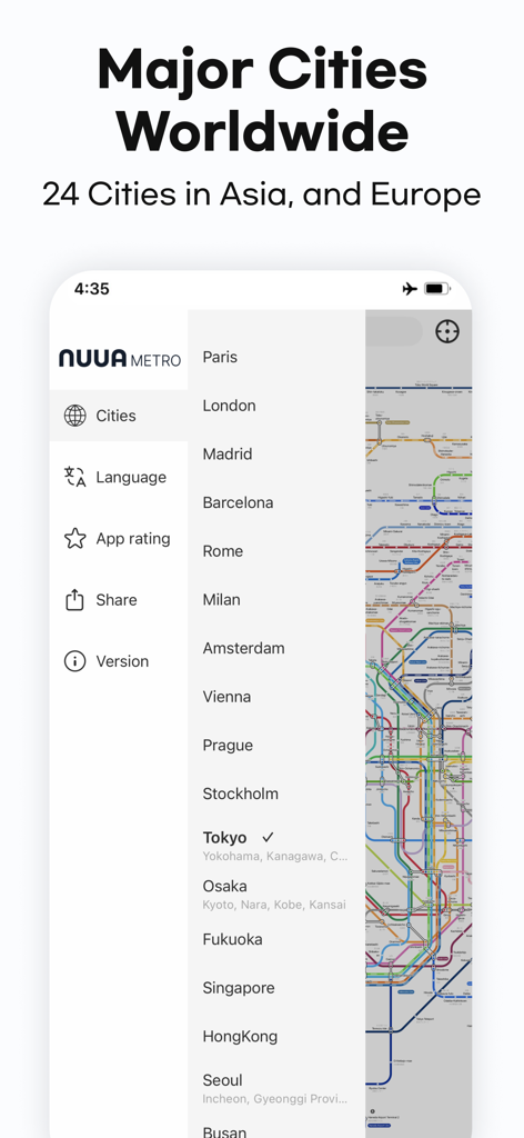 Interface do aplicativo NUUA METRO exibindo uma lista de cidades globais suportadas e uma prévia do mapa de metrô