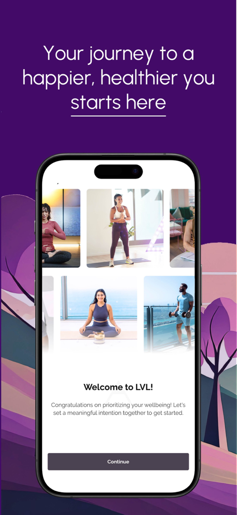 LVL Wellbeing - Welcome screen of the LVL Wellbeing app showing diverse fitness and mindfulness activity tiles