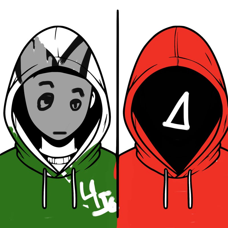 a person with a hoodie and no face, the drawing is split in 2