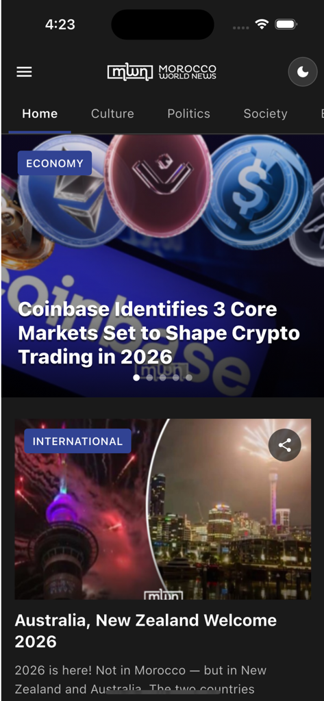 Morocco World News App-Oberfläche, die den Startbildschirm mit den Kategorien Wirtschaft und internationale Nachrichten anzeigt