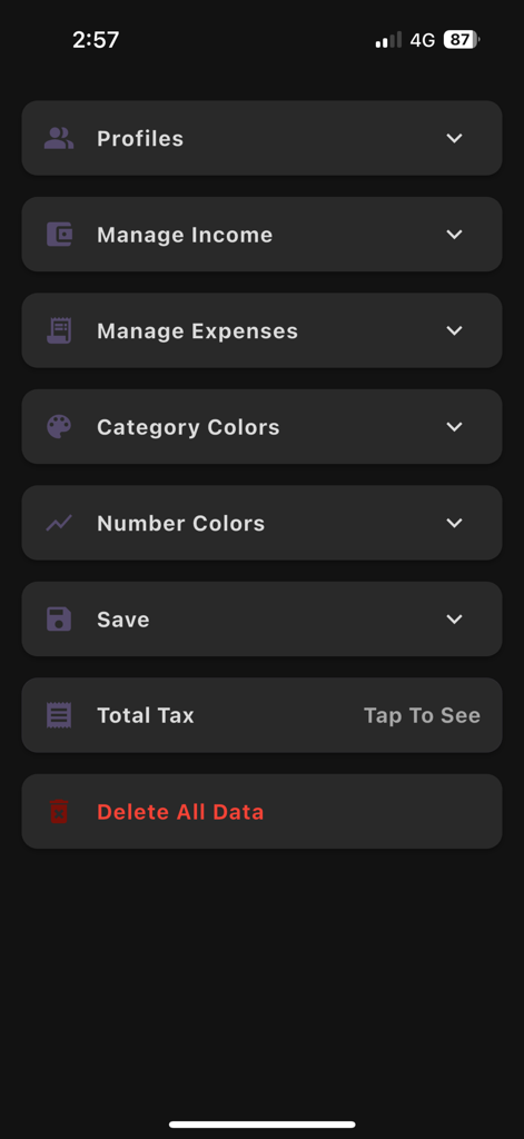 Wage Splitter - The settings menu of the Wage Splitter app displaying options for managing profiles, income, expenses, and data privacy.