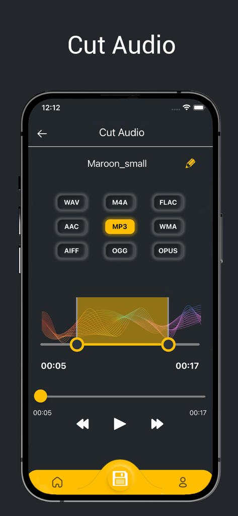 Vocal Remover, Audio Extractor - 波形トリマーとMP3やWAVなどのさまざまな形式オプションを表示するオーディオカット機能を示すモバイルアプリインターフェース。