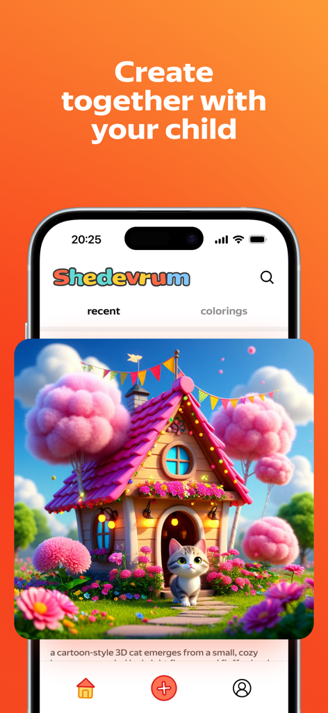 Shedevrum - Interface do aplicativo Shedevrum mostrando uma casa fantástica colorida gerada por IA e um gato sob o título Crie junto com seu filho