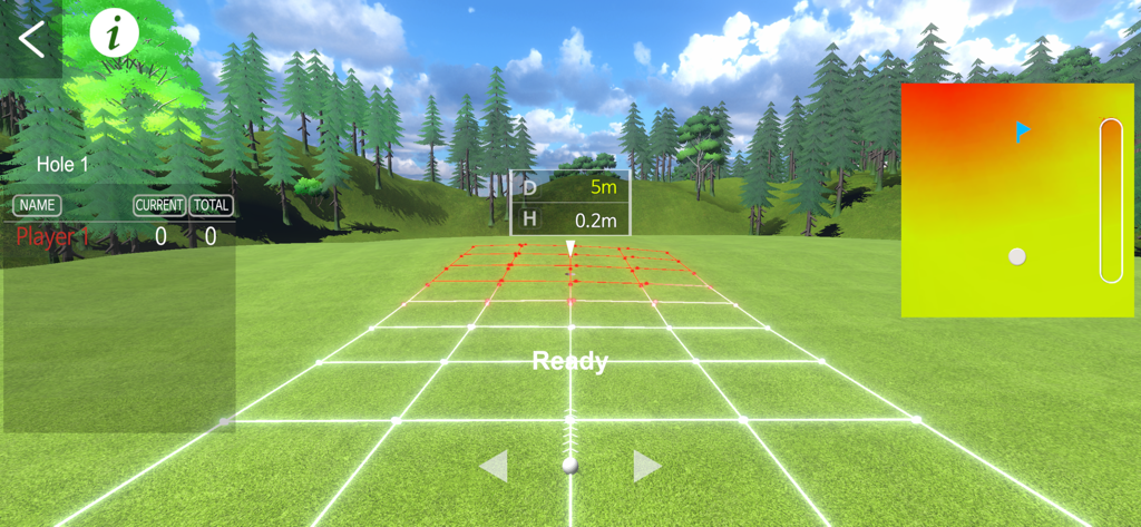 InBirdie Game 3D putting simulation screen showing target distance and player stats