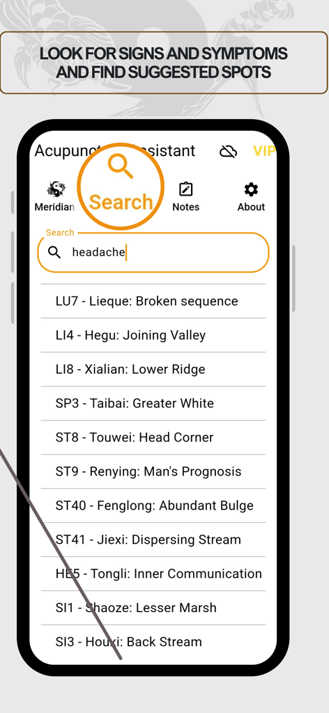 Acupuncture Assistant - Acupuncture Assistant app search screen showing suggested acupuncture points for headache symptoms