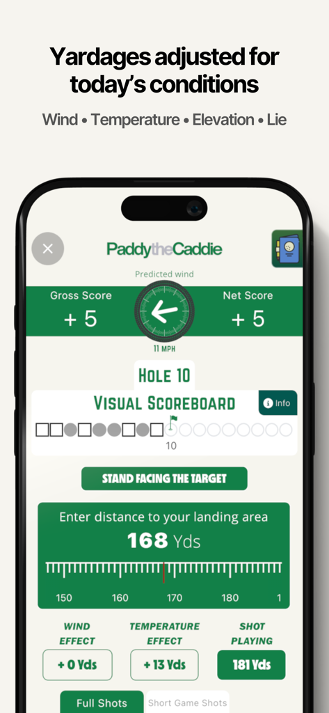 Paddy the Caddie Golf Yardages - Smartphone displaying Paddy the Caddie golf app interface with yardages adjusted for wind and temperature on the tenth hole.