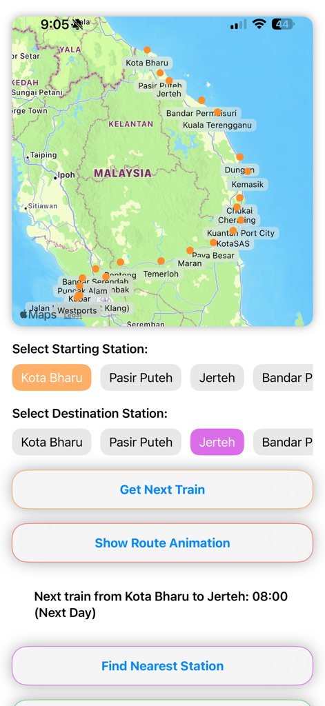 EGK ECRL Map - Interface of the EGK ECRL Map app showing station selection options and train schedule information