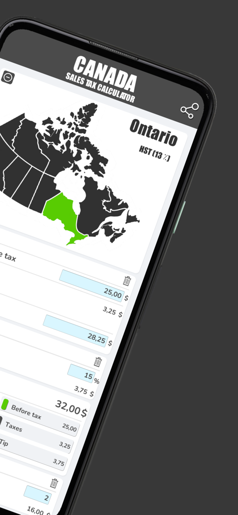 Canadian Sales Tax Calculation - Canadian sales tax calculator app showing Ontario province selection with tax and tip calculations