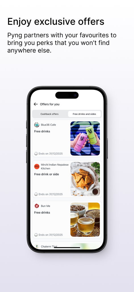 Mobile screen of Pyng app displaying exclusive cashback and free drink offers from local restaurants and cafes