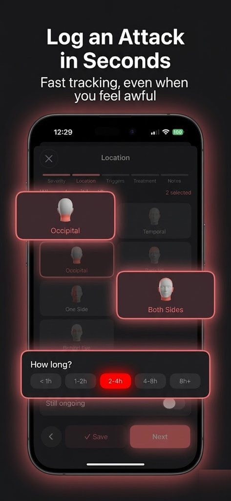 Migrena: Migraine Tracker - Interface of the Migrena app for logging migraine attack details including pain location and duration