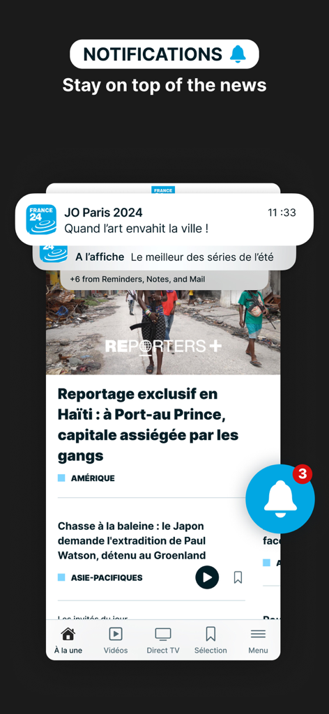 France 24 - World News 24/7 - Interface de l'application France 24 affichant les notifications push et le flux d'actualités internationales