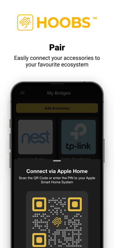 HOOBS app interface for connecting smart home accessories like Nest and TP-Link to Apple Home