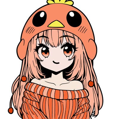 anime girl with chick shaped hat with sweater with bare shoulders with bangs covering them one eye with low tail