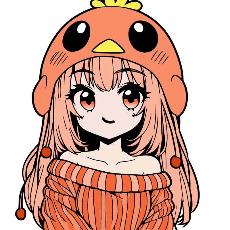 anime girl with chick shaped hat with sweater with bare shoulders with bangs covering them one eye with low tail
