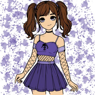 realistic girl in a skirt crop top and pigtails