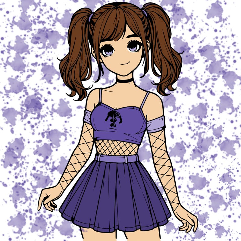 realistic girl in a skirt crop top and pigtails