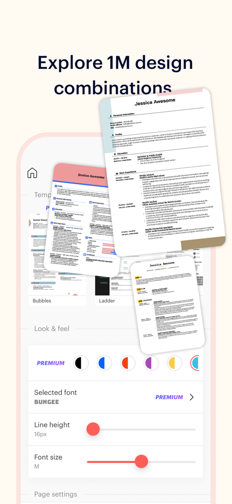 Kickresume app interface showing various resume templates and design customization settings like fonts and colors