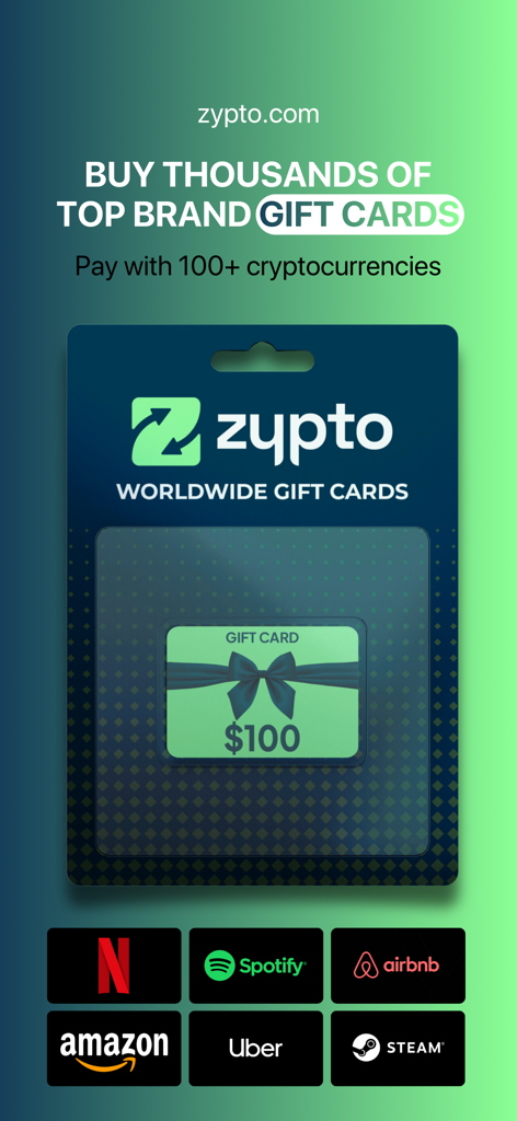 Zypto Crypto & Bitcoin Wallet - Promotional graphic for Zypto app showing gift card purchases with crypto for brands like Amazon, Netflix, and Spotify