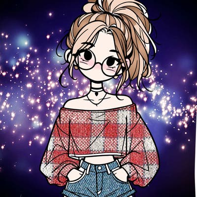 girl with a messy ponytail glasses a baggy crop top and jean shorts