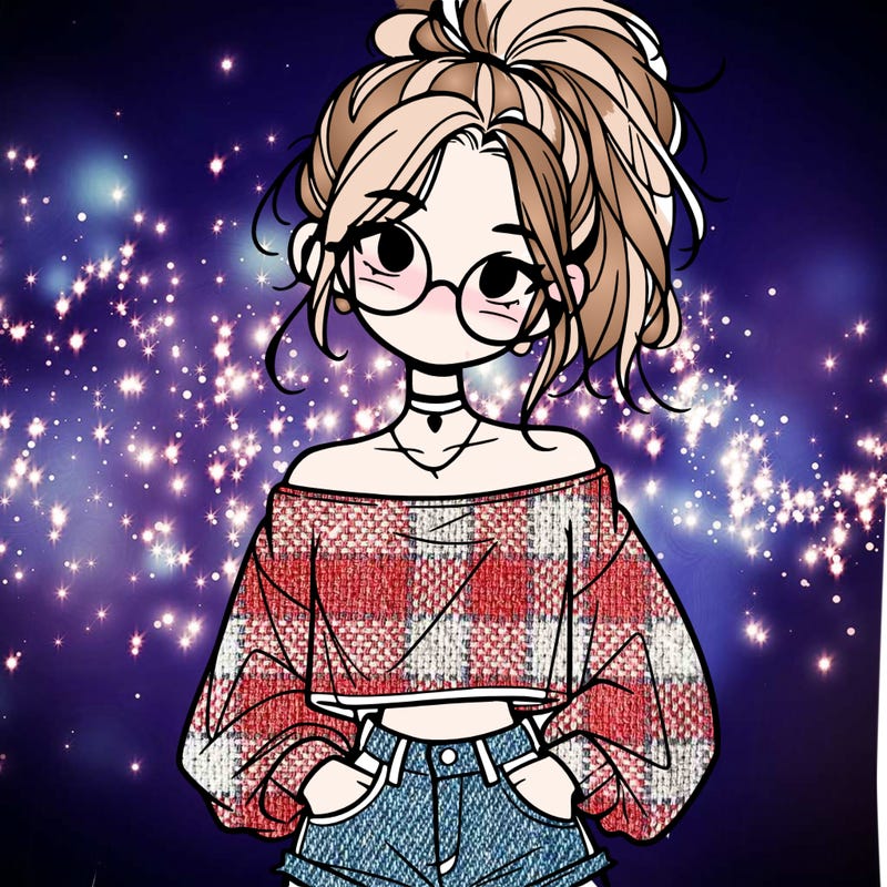 girl with a messy ponytail glasses a baggy crop top and jean shorts