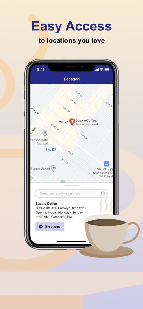 Mapa de la aplicación Square Coffee que muestra las ubicaciones de las tiendas y las direcciones