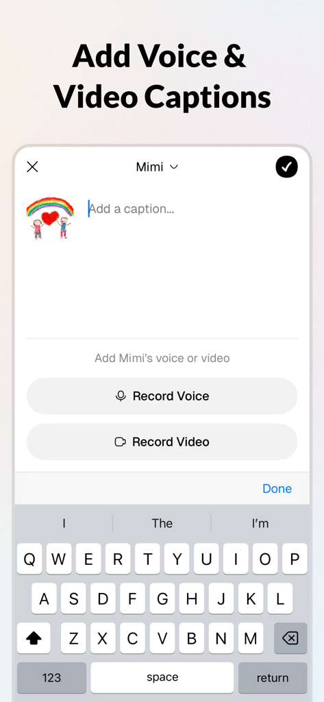 Interface do aplicativo Keepbox mostrando opções para adicionar voz e legendas de vídeo à obra de arte de uma criança