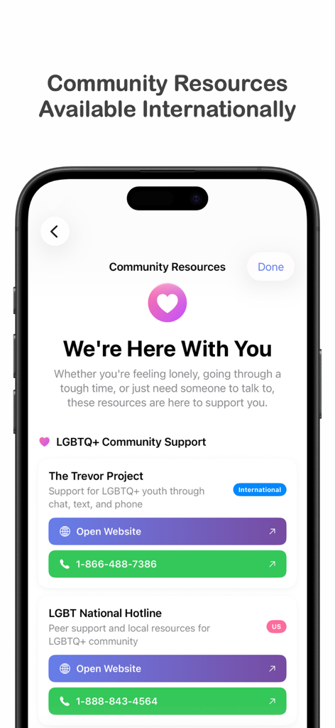 Mobiler Bildschirm, der LGBTQ-Community-Support-Ressourcen und Krisen-Hotlines in der My Men App anzeigt.