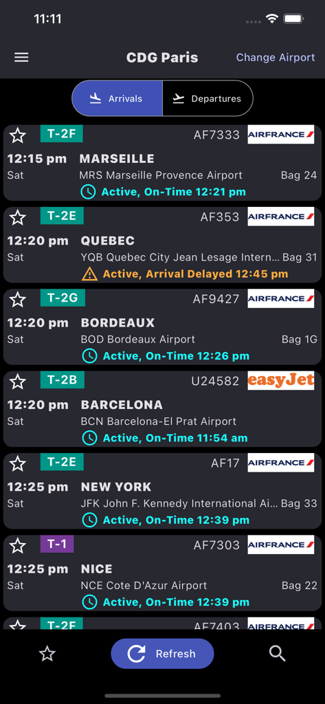 Paris CDG Airport: Flights - Tela de chegadas do aplicativo do Aeroporto de Paris CDG mostrando horários de voos e área de bagagem